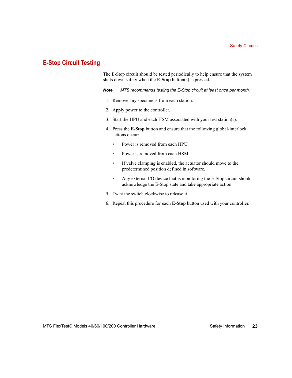 E-stop circuit testing | MTS FlexTest Models 200 User Manual | Page 23 / 344