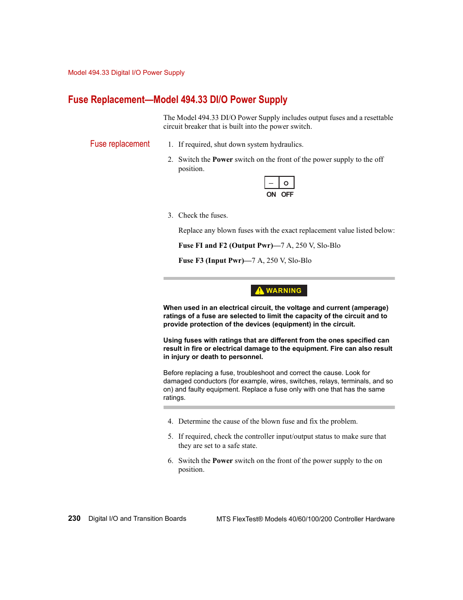 Fuse replacement—model 494.33 di/o power supply | MTS FlexTest Models 200 User Manual | Page 230 / 344