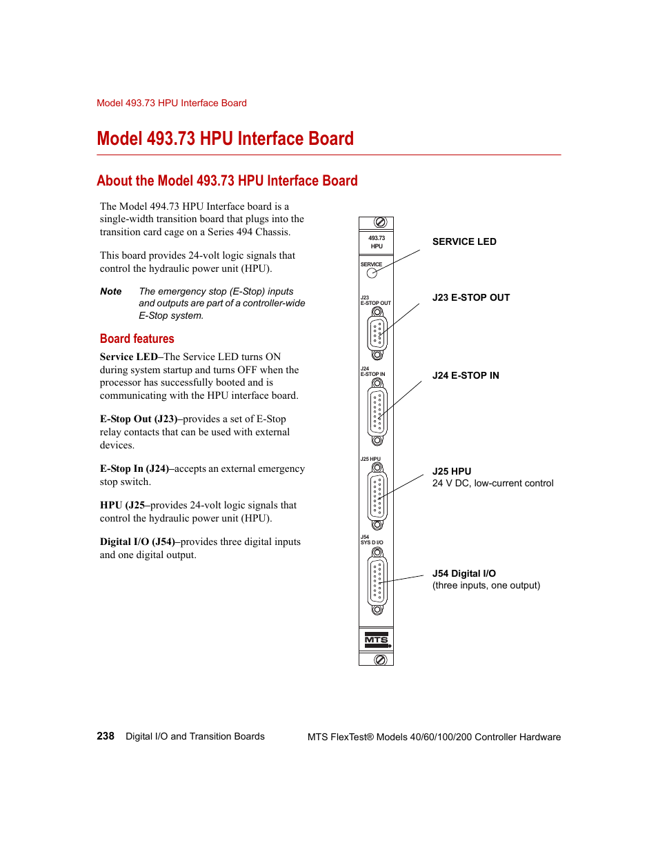 Model 493.73 hpu interface board, About the model 493.73 hpu interface board, Model 493.73 hpu interface board 238 | Board features | MTS FlexTest Models 200 User Manual | Page 238 / 344