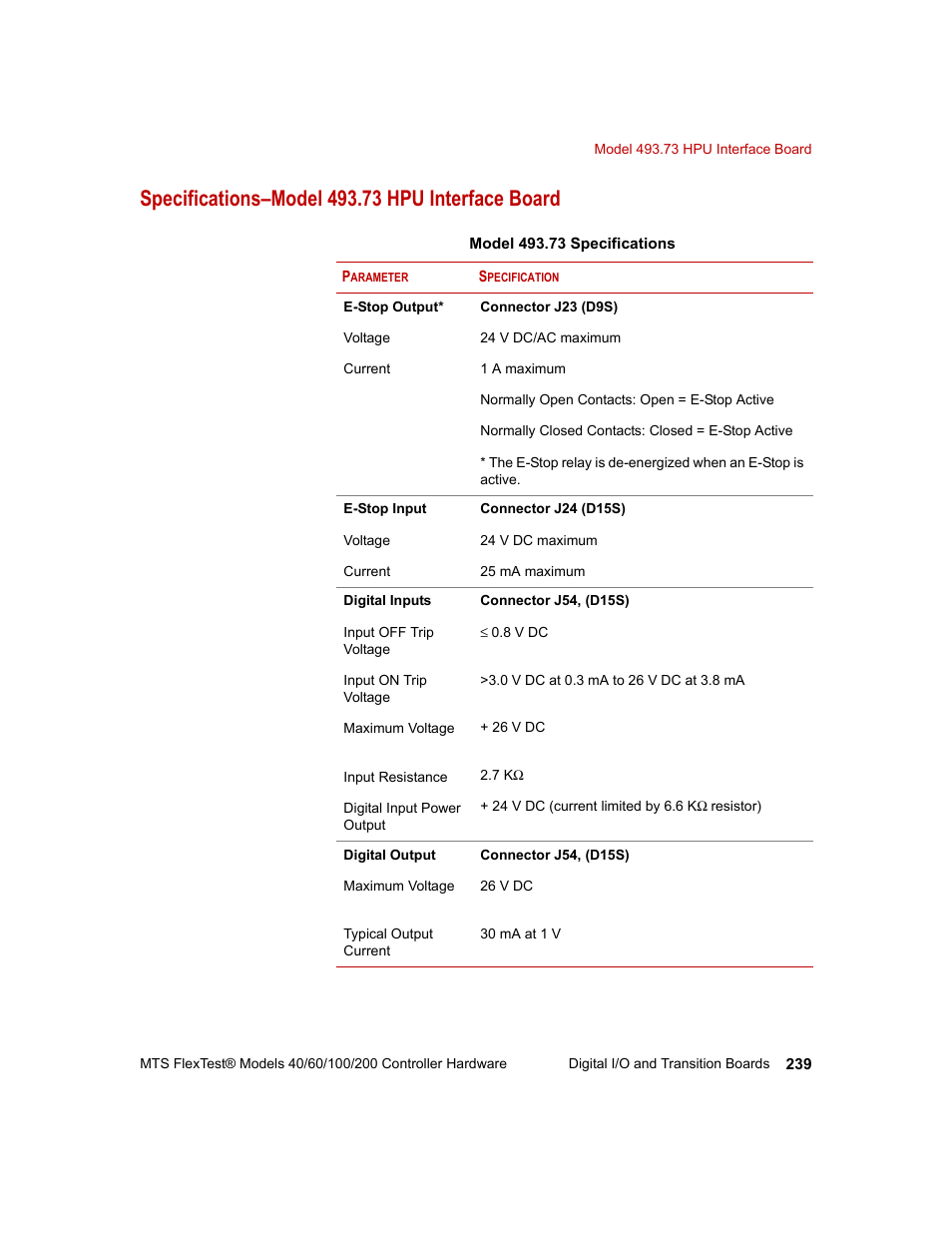 Specifications–model 493.73 hpu interface board | MTS FlexTest Models 200 User Manual | Page 239 / 344