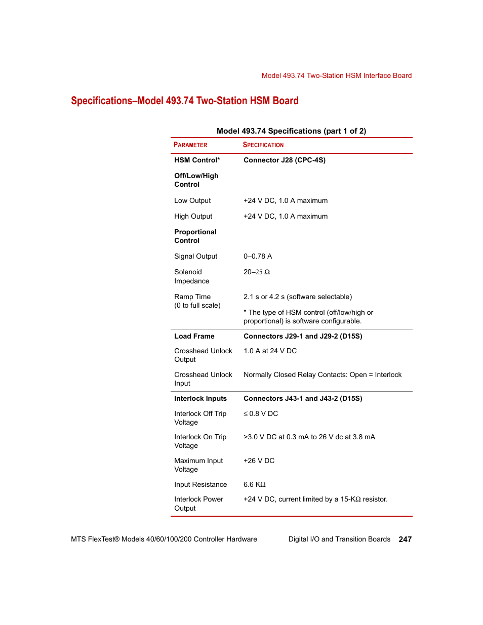 Specifications–model 493.74 two-station hsm board | MTS FlexTest Models 200 User Manual | Page 247 / 344