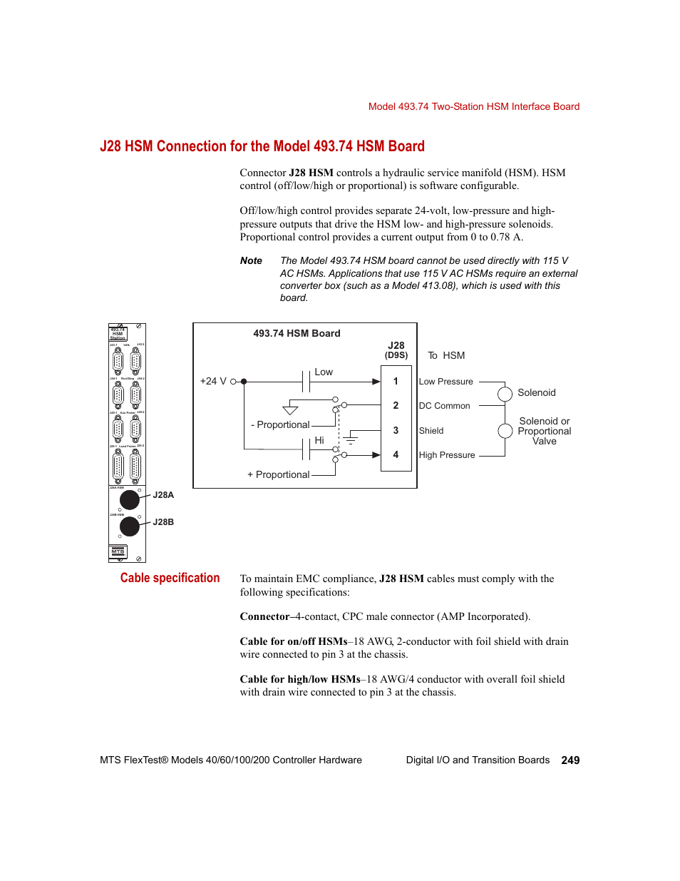 J28 hsm connection for the model 493.74 hsm board, Cable specification | MTS FlexTest Models 200 User Manual | Page 249 / 344