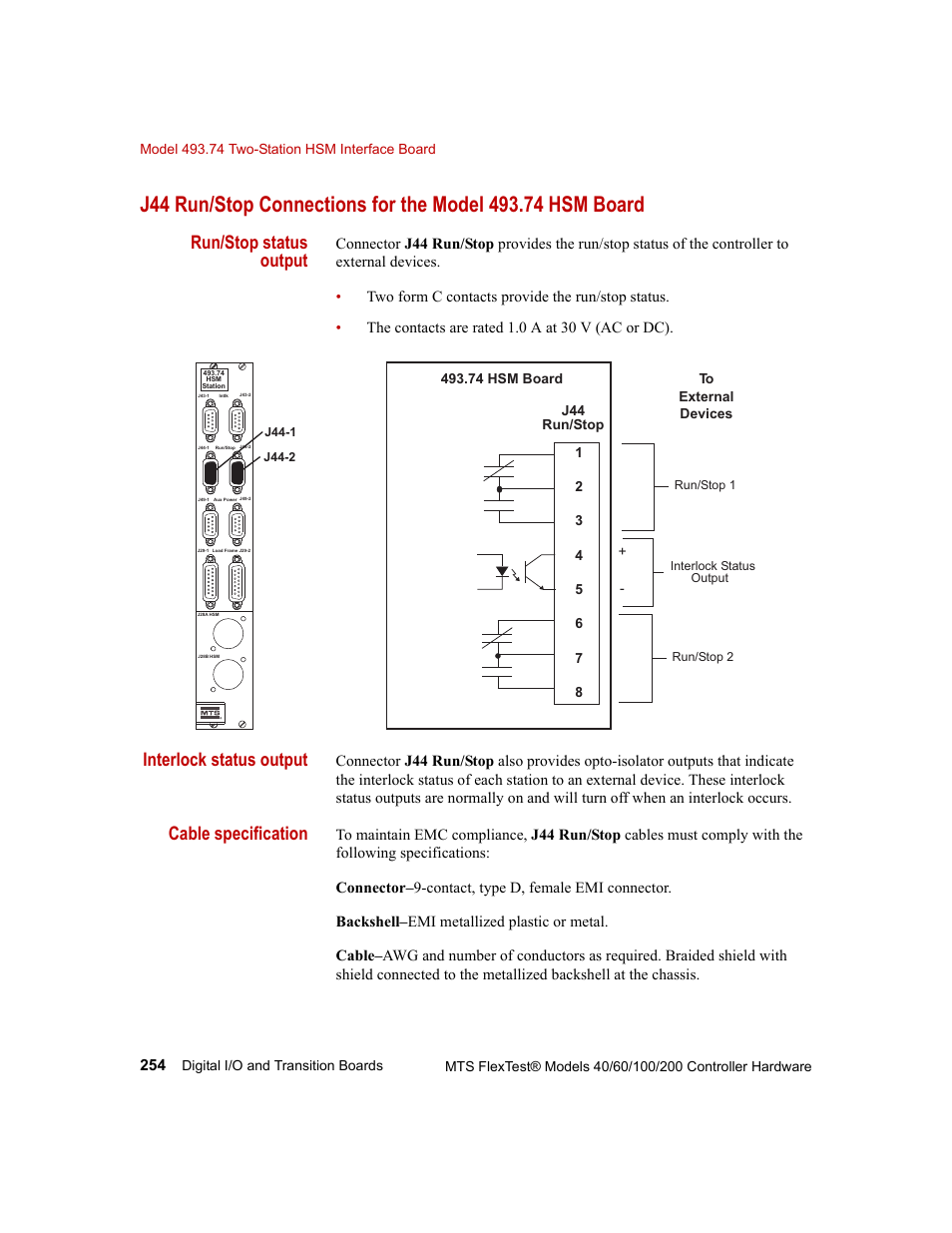 Run/stop status output, Interlock status output, Cable specification | MTS FlexTest Models 200 User Manual | Page 254 / 344