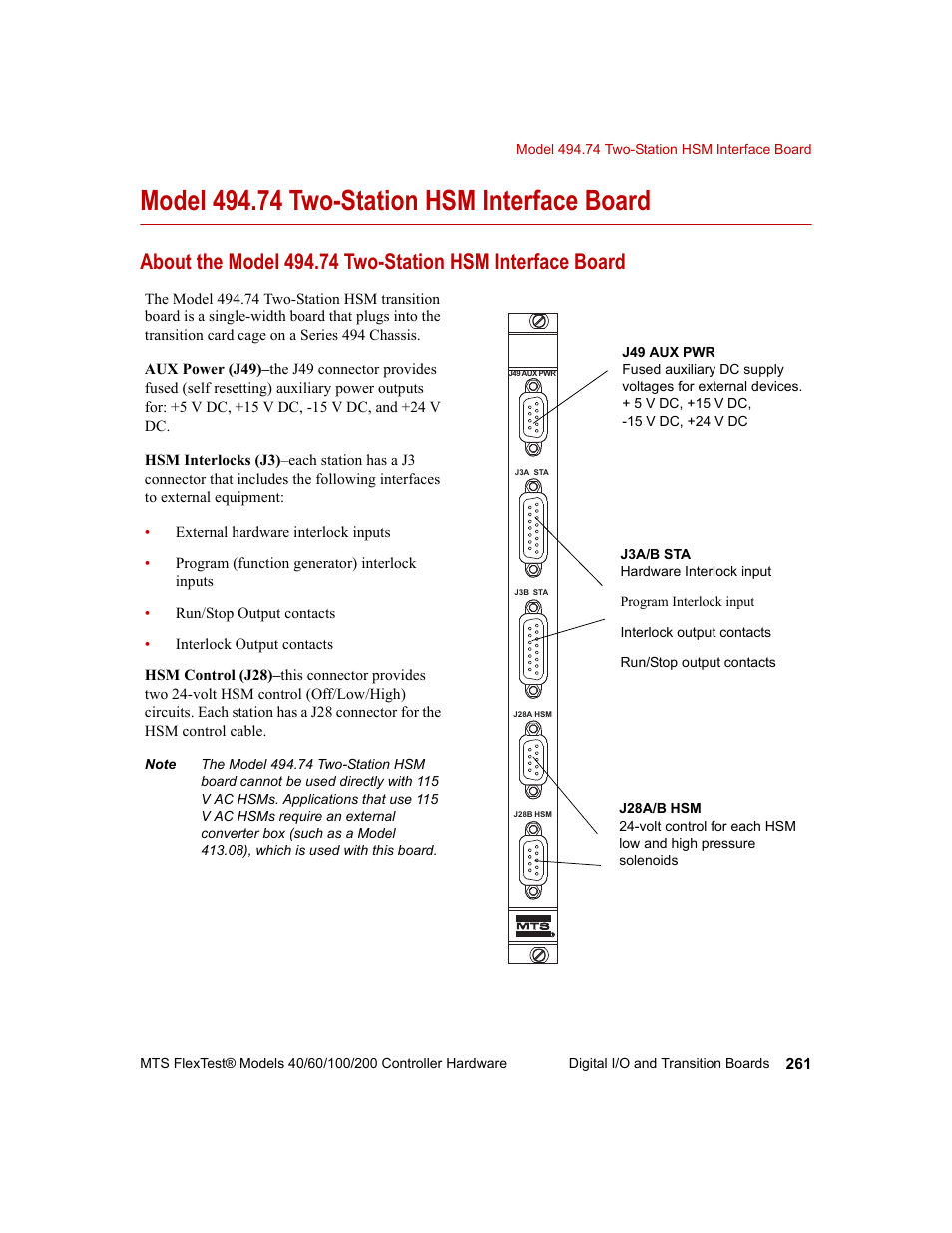 Model 494.74 two-station hsm interface board, Model 494.74 two-station hsm interface board 261 | MTS FlexTest Models 200 User Manual | Page 261 / 344