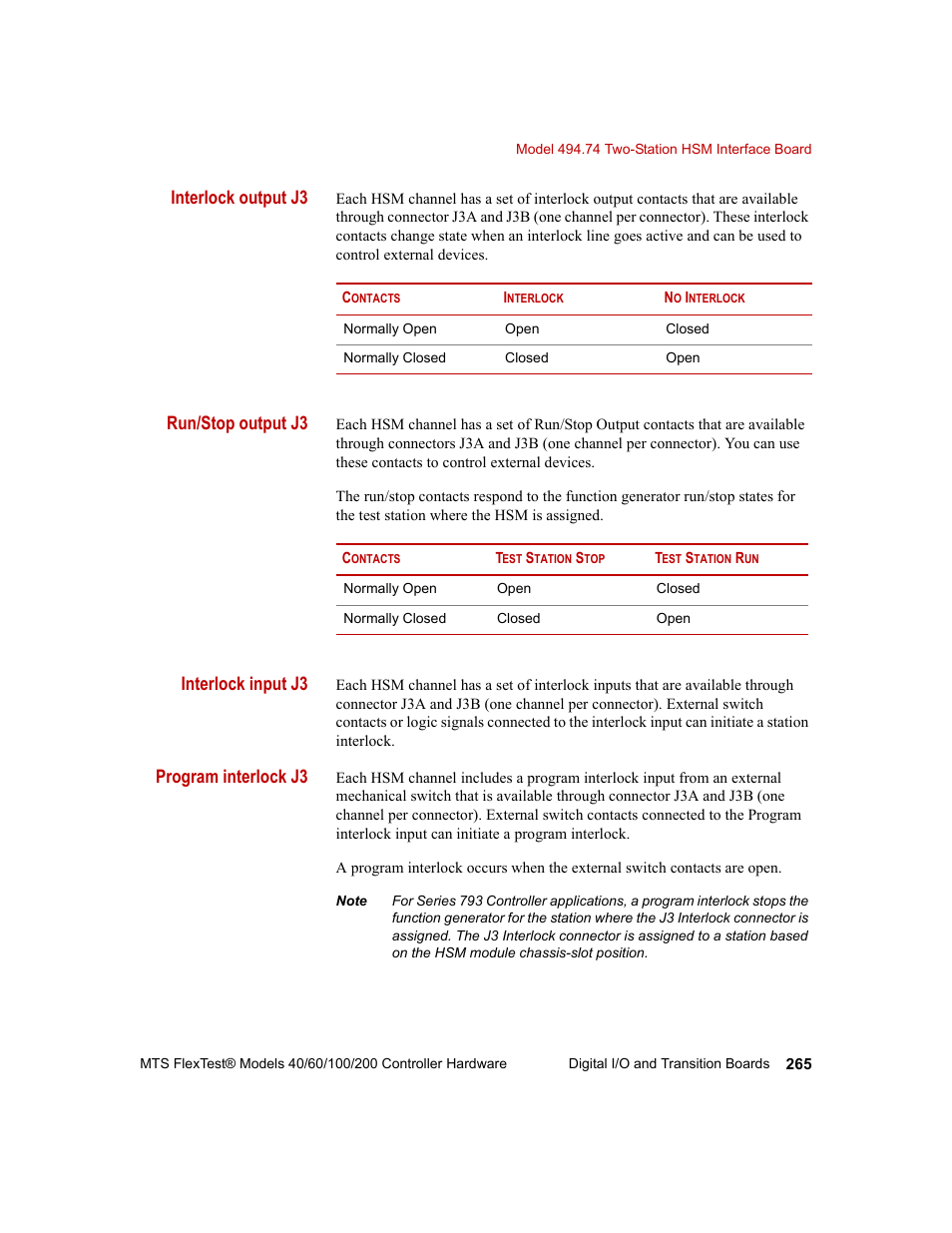 Interlock output j3, Run/stop output j3, Interlock input j3 | Program interlock j3 | MTS FlexTest Models 200 User Manual | Page 265 / 344