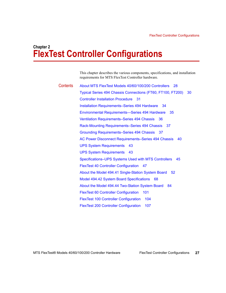 Flextest controller configurations, Chapter 2, Flextest controller configurations 27 | MTS FlexTest Models 200 User Manual | Page 27 / 344