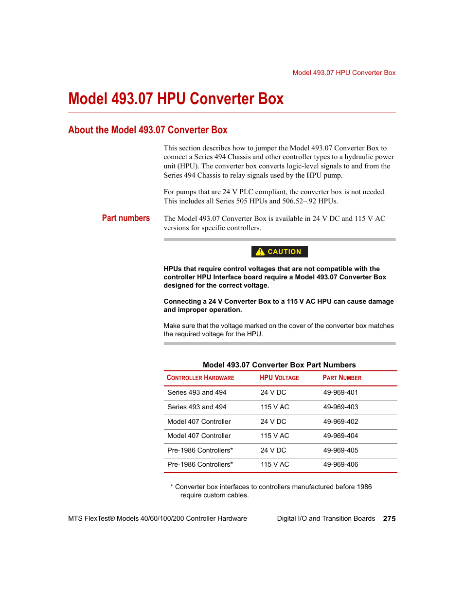 Model 493.07 hpu converter box, About the model 493.07 converter box, Model 493.07 hpu converter box 275 | MTS FlexTest Models 200 User Manual | Page 275 / 344