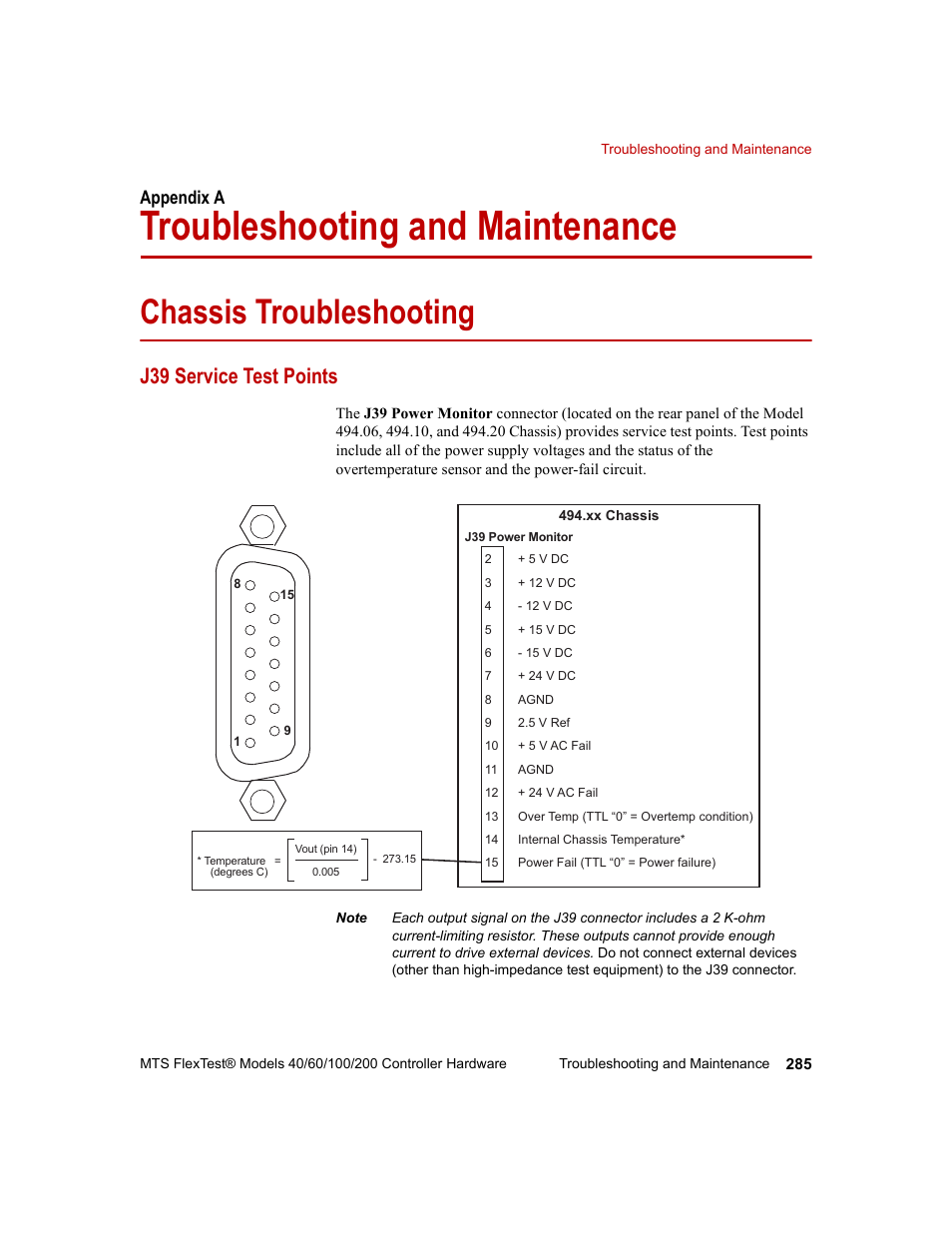 Troubleshooting and maintenance, Chassis troubleshooting, J39 service test points | Appendix a, Troubleshooting and maintenance 285, Chassis troubleshooting 285 | MTS FlexTest Models 200 User Manual | Page 285 / 344