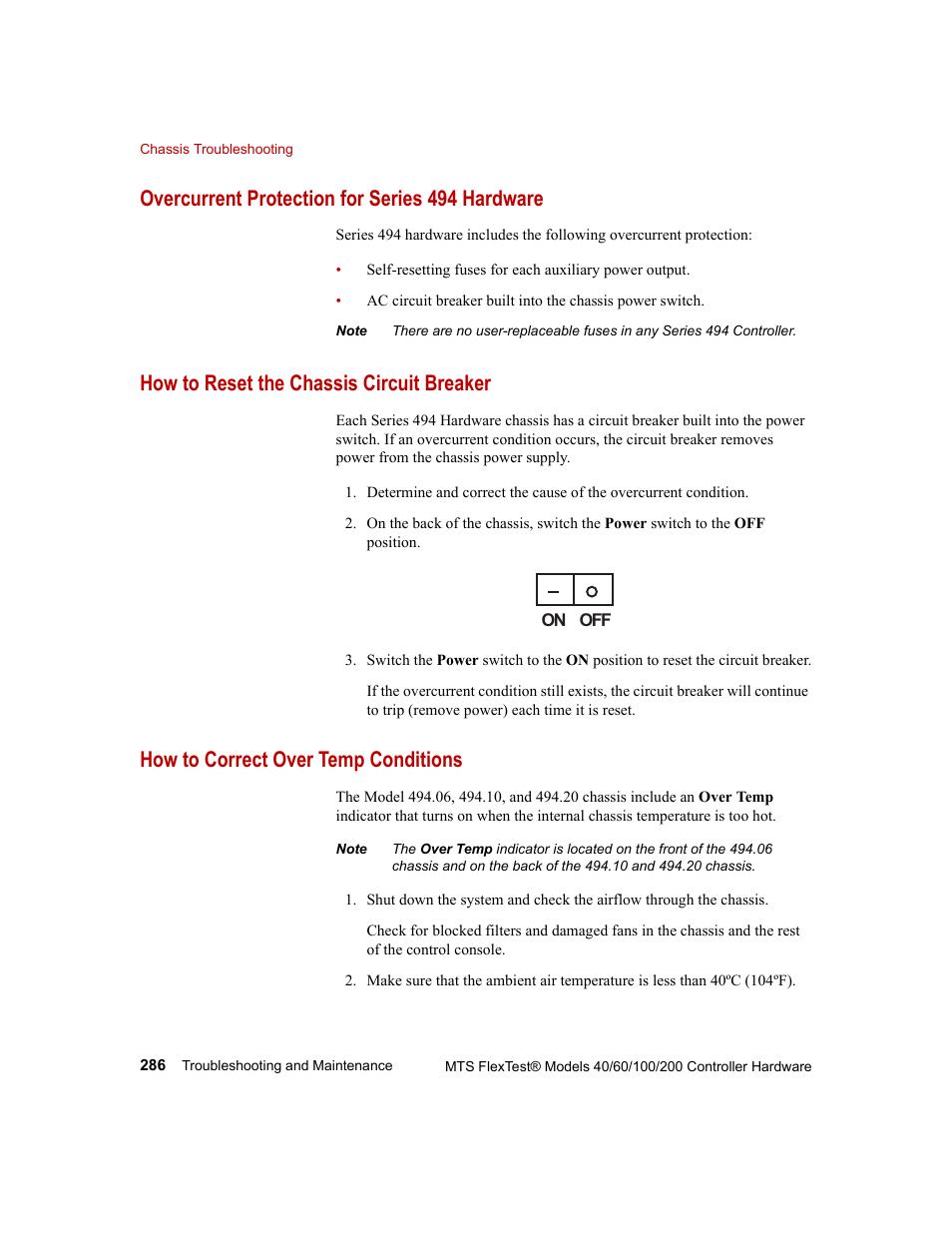 Overcurrent protection for series 494 hardware, How to reset the chassis circuit breaker, How to correct over temp conditions | MTS FlexTest Models 200 User Manual | Page 286 / 344