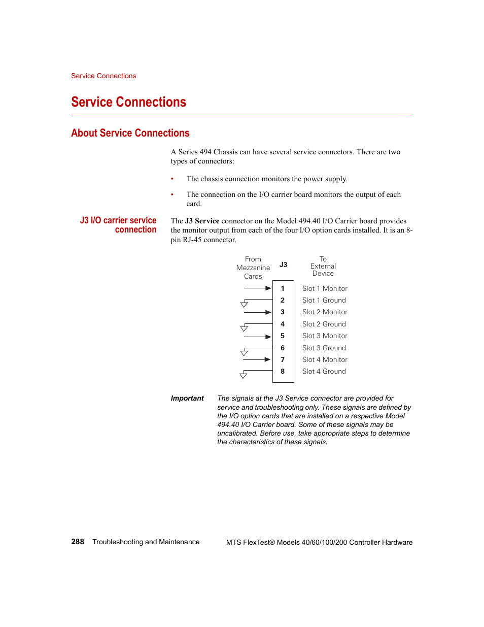 Service connections, About service connections, Service connections 288 | MTS FlexTest Models 200 User Manual | Page 288 / 344