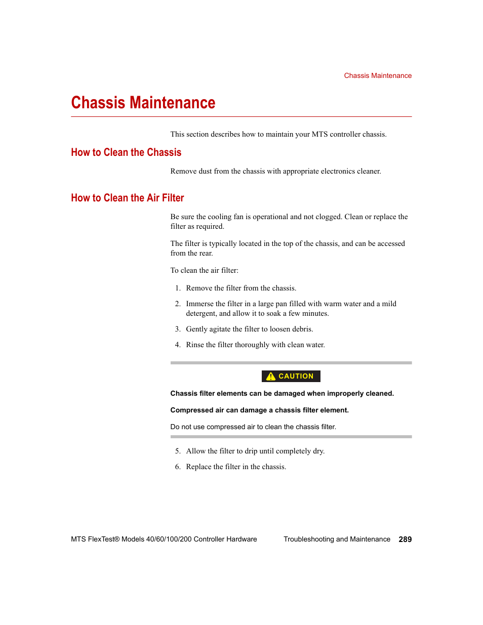 Chassis maintenance, How to clean the chassis, How to clean the air filter | Chassis maintenance 289 | MTS FlexTest Models 200 User Manual | Page 289 / 344