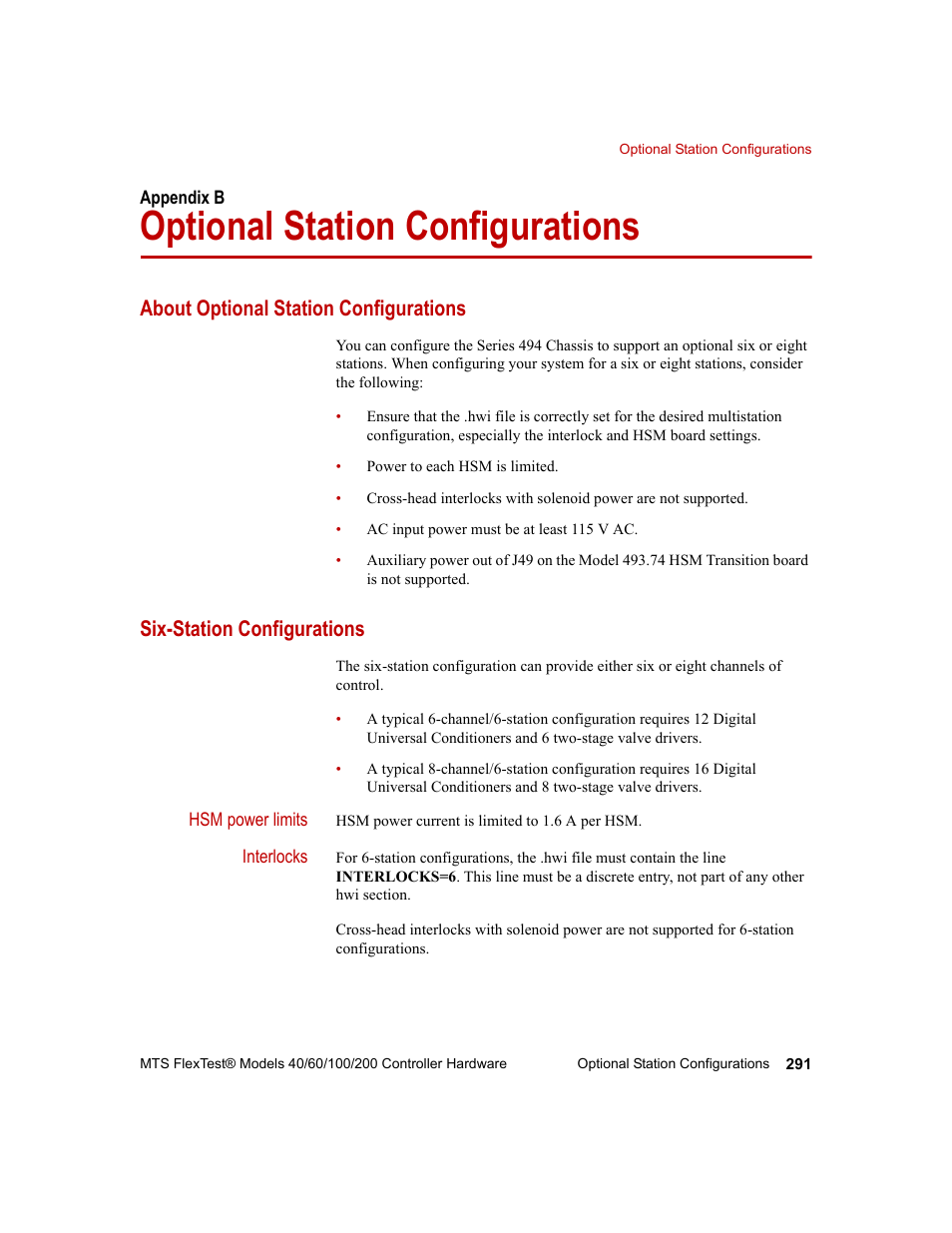 Optional station configurations, About optional station configurations, Six-station configurations | Appendix b, Optional station configurations 291 | MTS FlexTest Models 200 User Manual | Page 291 / 344