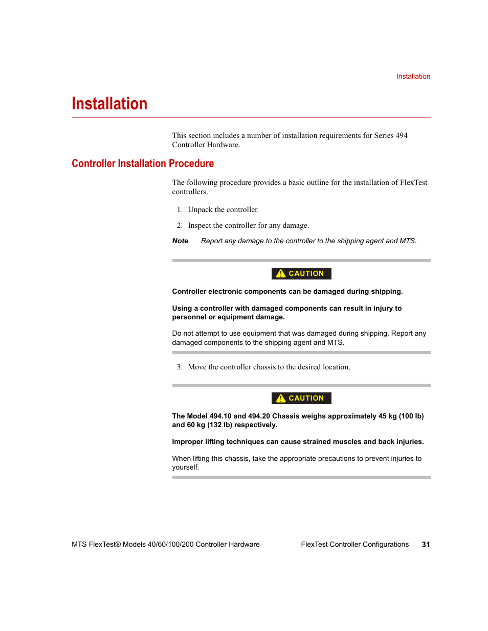 Installation, Controller installation procedure, Installation 31 | Controller installation procedure 31 | MTS FlexTest Models 200 User Manual | Page 31 / 344