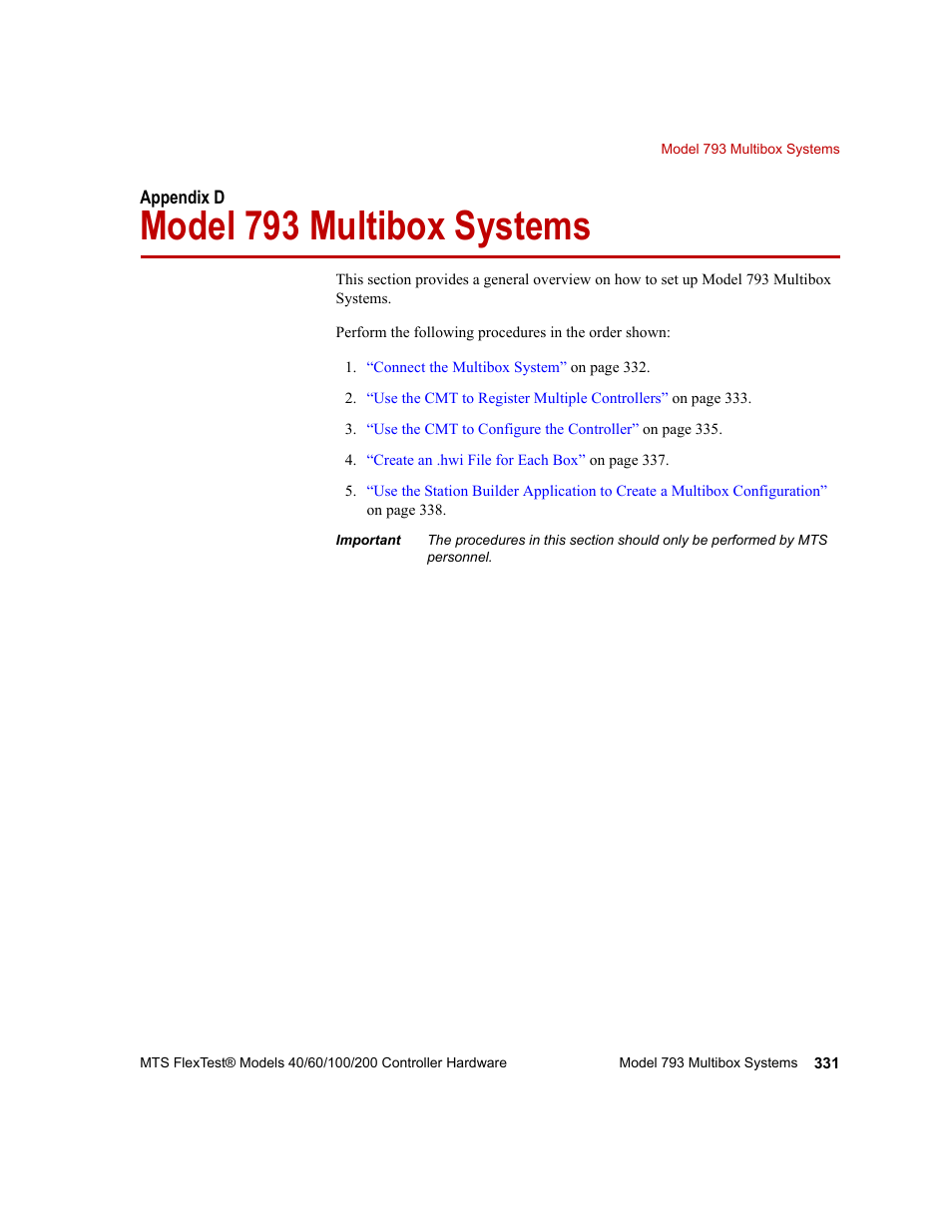 Model 793 multibox systems, Appendix d, Model 793 multibox systems 331 | MTS FlexTest Models 200 User Manual | Page 331 / 344