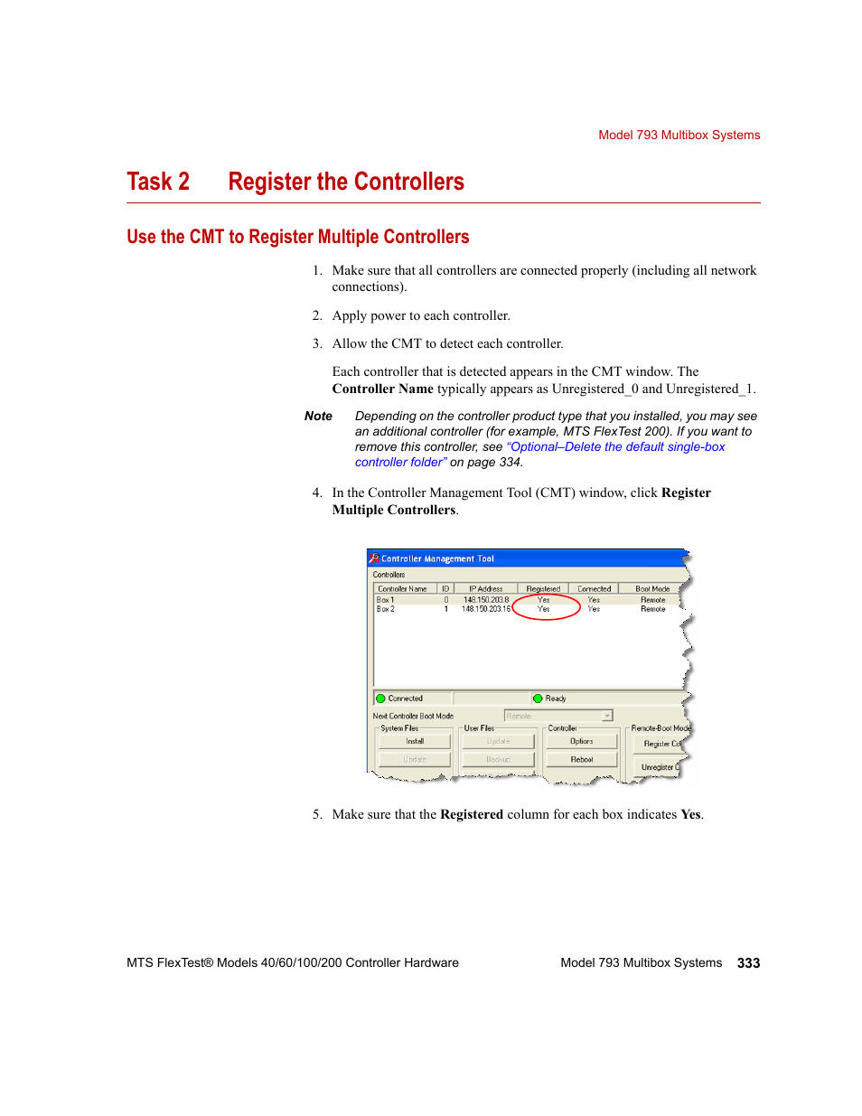 Use the cmt to register multiple controllers, Task 2 register the controllers | MTS FlexTest Models 200 User Manual | Page 333 / 344