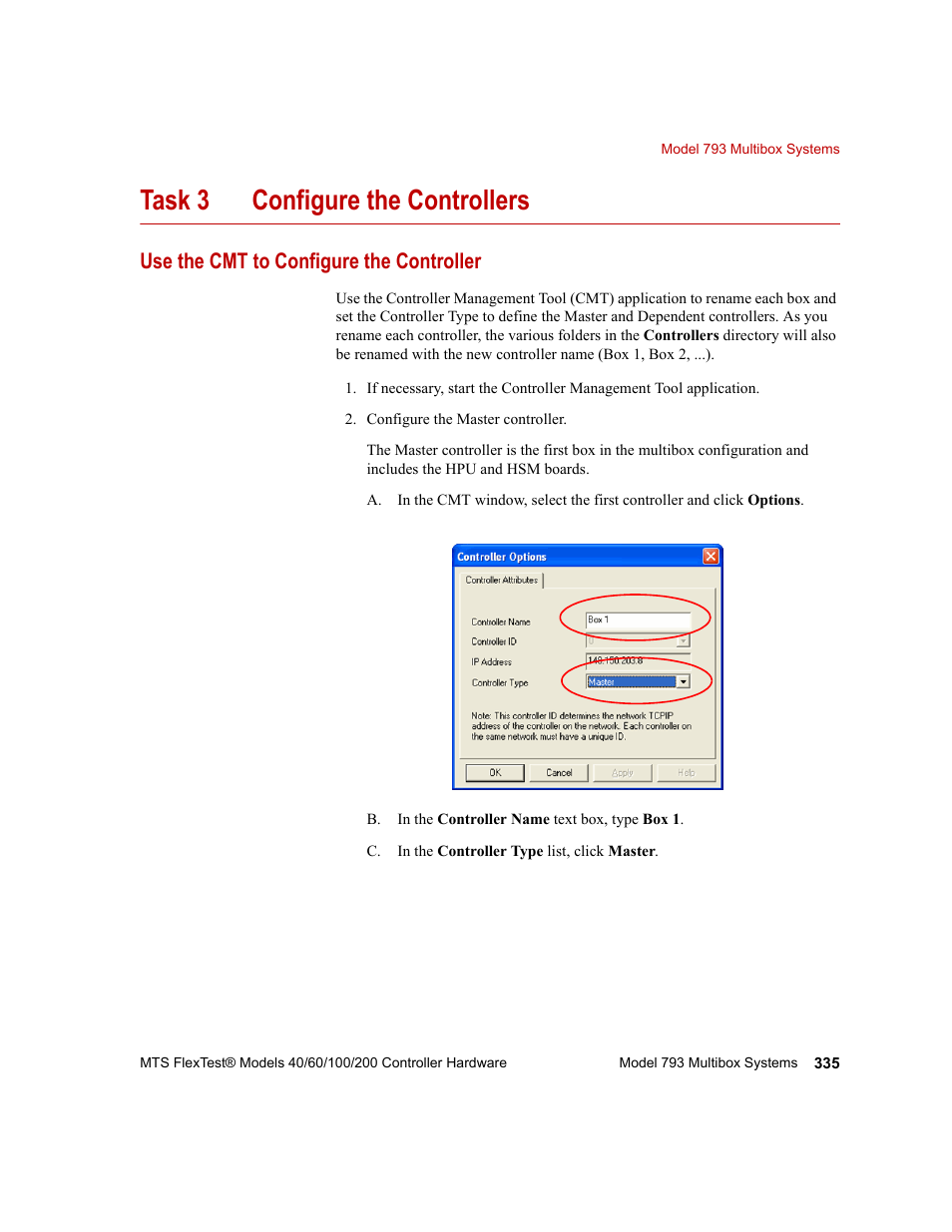 Use the cmt to configure the controller, Task 3 configure the controllers | MTS FlexTest Models 200 User Manual | Page 335 / 344