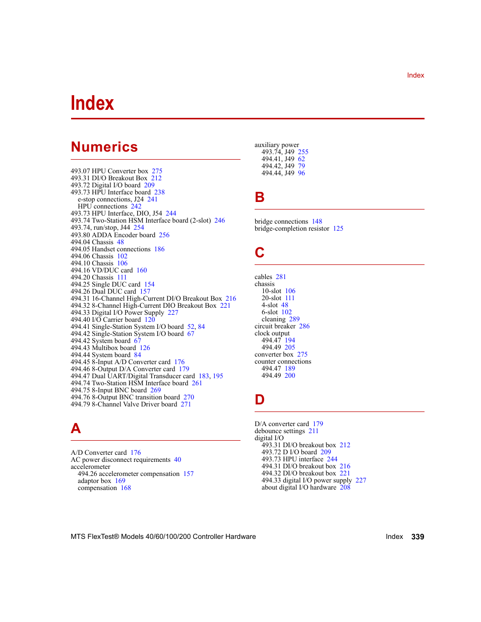 Index, Index 339, Numerics | MTS FlexTest Models 200 User Manual | Page 339 / 344