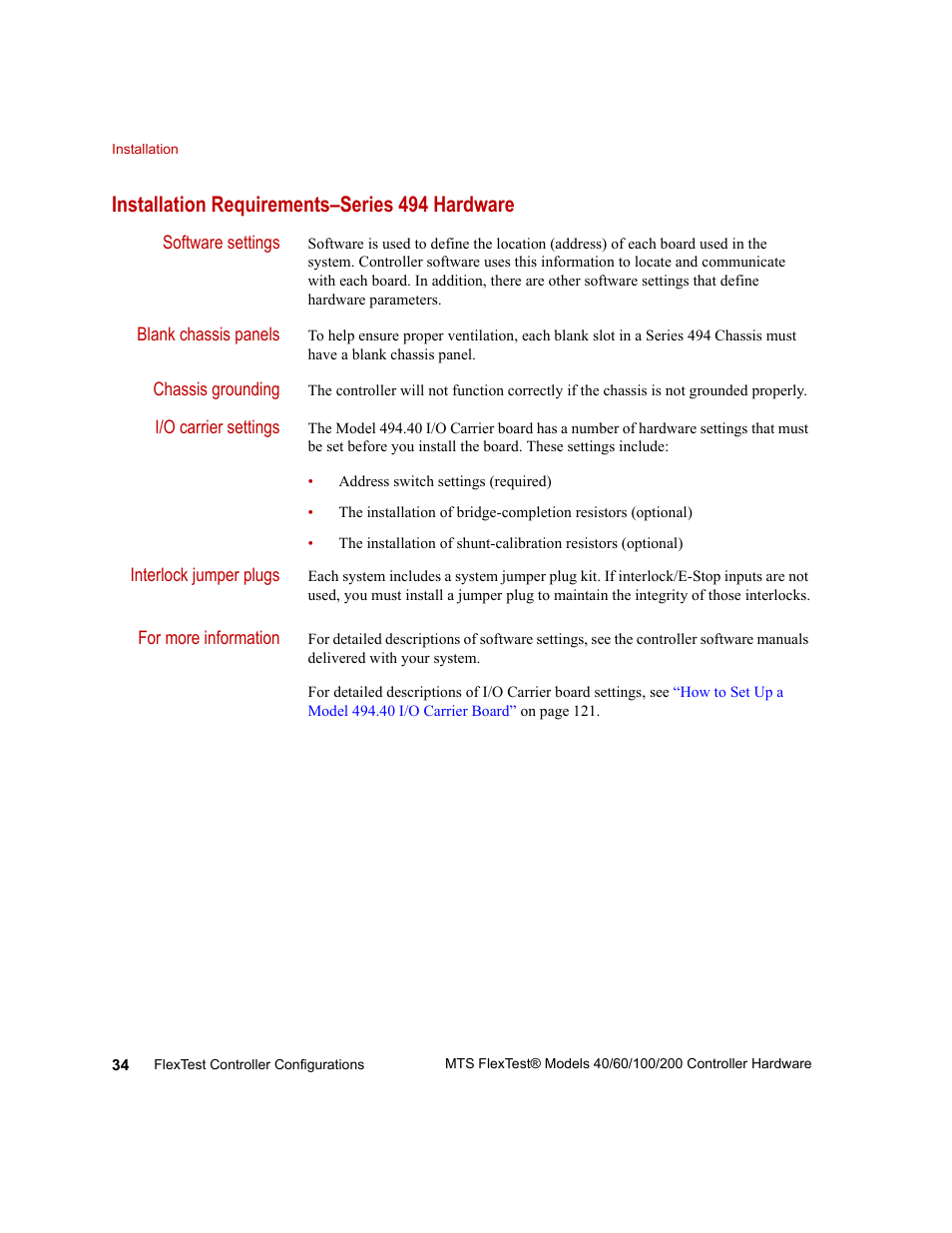 Installation requirements–series 494 hardware, Installation requirements–series 494 hardware 34 | MTS FlexTest Models 200 User Manual | Page 34 / 344