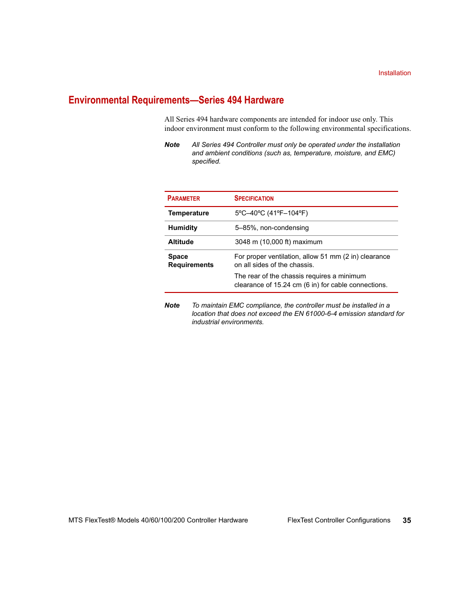 Environmental requirements—series 494 hardware, Environmental requirements—series 494 hardware 35 | MTS FlexTest Models 200 User Manual | Page 35 / 344