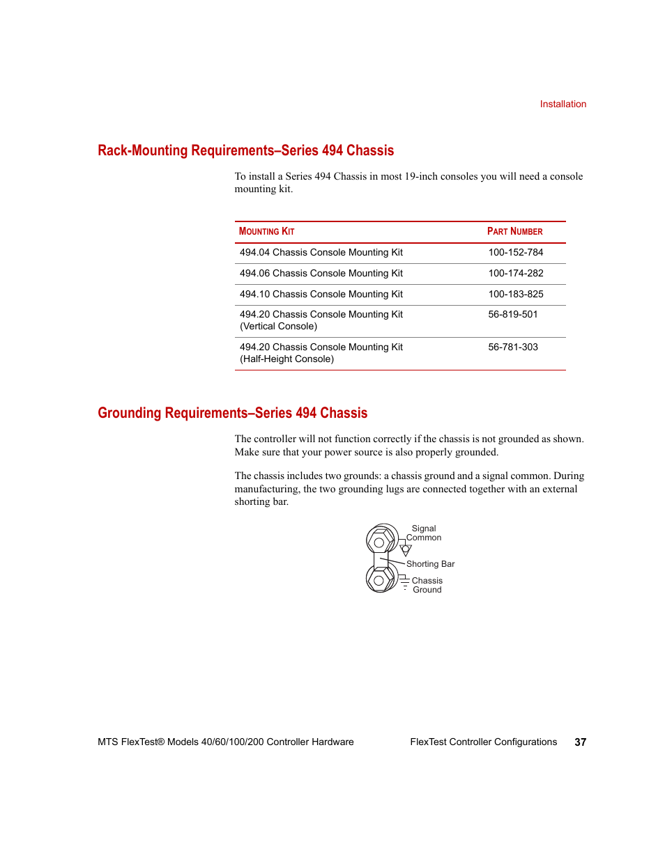 Rack-mounting requirements–series 494 chassis, Grounding requirements–series 494 chassis, Rack-mounting requirements–series 494 chassis 37 | Grounding requirements–series 494 chassis 37 | MTS FlexTest Models 200 User Manual | Page 37 / 344