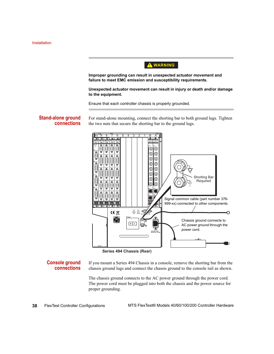 Stand-alone ground connections, Console ground connections, Warning | Series 494 chassis (rear) | MTS FlexTest Models 200 User Manual | Page 38 / 344