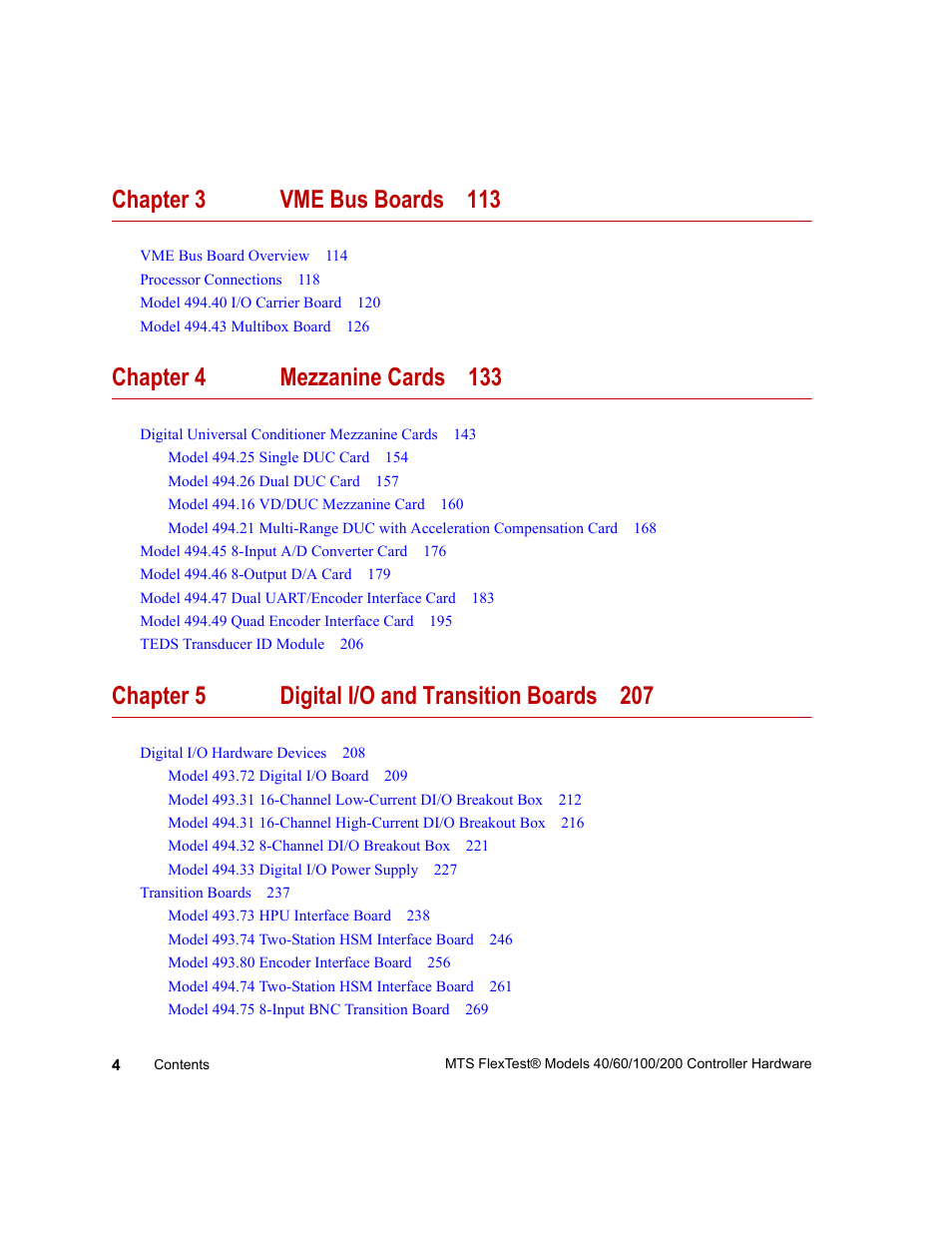 Chapter 3 vme bus boards 113, Chapter 4 mezzanine cards 133, Chapter 5 digital i/o and transition boards 207 | MTS FlexTest Models 200 User Manual | Page 4 / 344