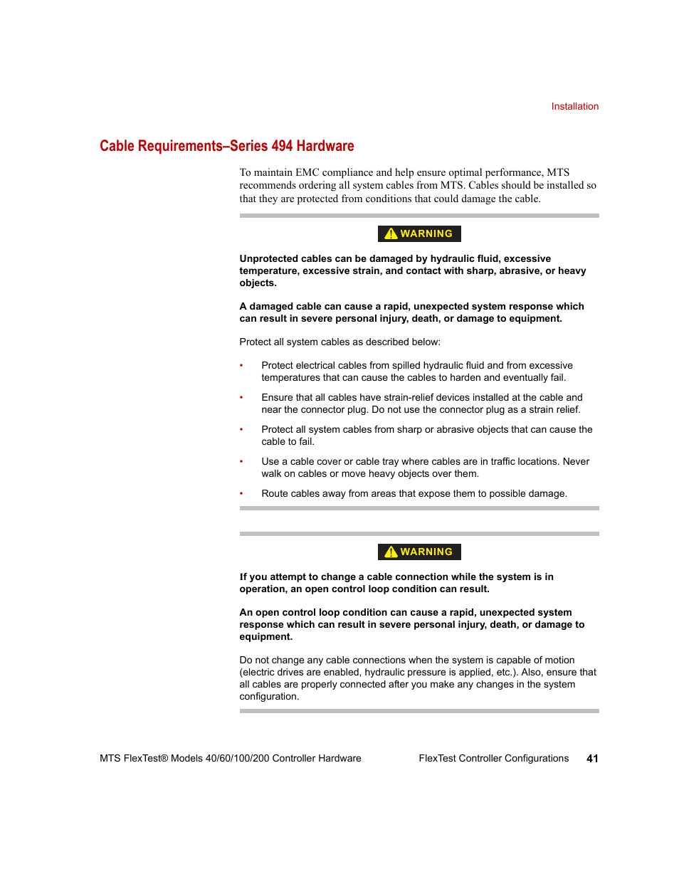 Cable requirements–series 494 hardware | MTS FlexTest Models 200 User Manual | Page 41 / 344