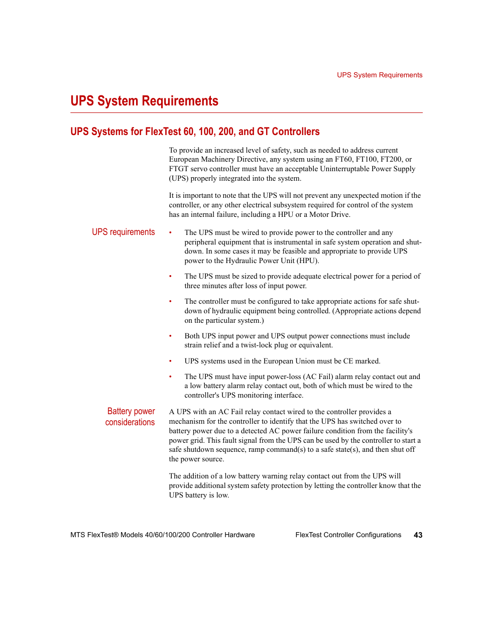 Ups system requirements, Ups system requirements 43 | MTS FlexTest Models 200 User Manual | Page 43 / 344