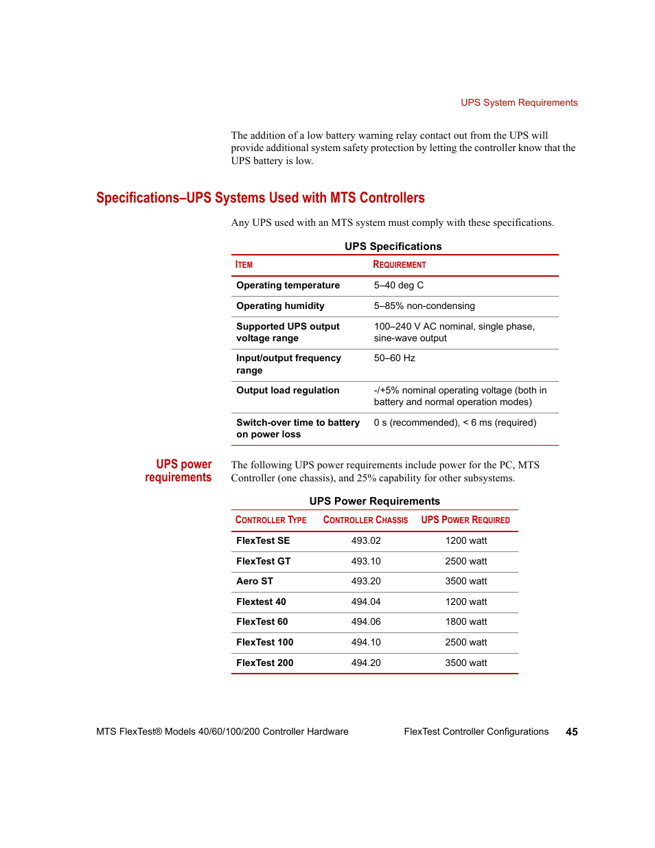 Ups power requirements | MTS FlexTest Models 200 User Manual | Page 45 / 344