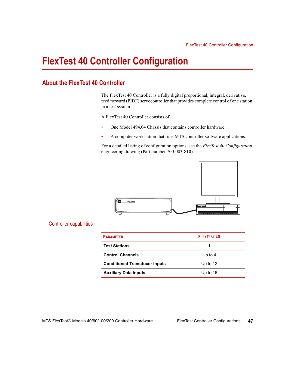 Flextest 40 controller configuration, About the flextest 40 controller, Flextest 40 controller configuration 47 | Controller capabilities | MTS FlexTest Models 200 User Manual | Page 47 / 344