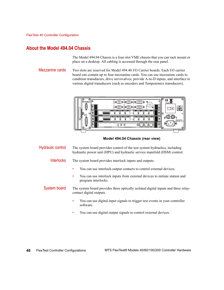 About the model 494.04 chassis, Mezzanine cards, Hydraulic control | Interlocks, System board | MTS FlexTest Models 200 User Manual | Page 48 / 344