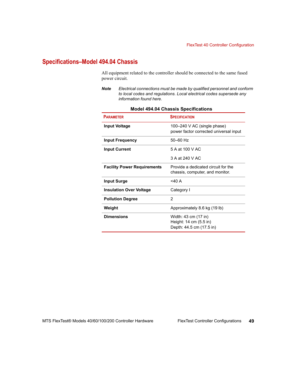 Specifications–model 494.04 chassis | MTS FlexTest Models 200 User Manual | Page 49 / 344