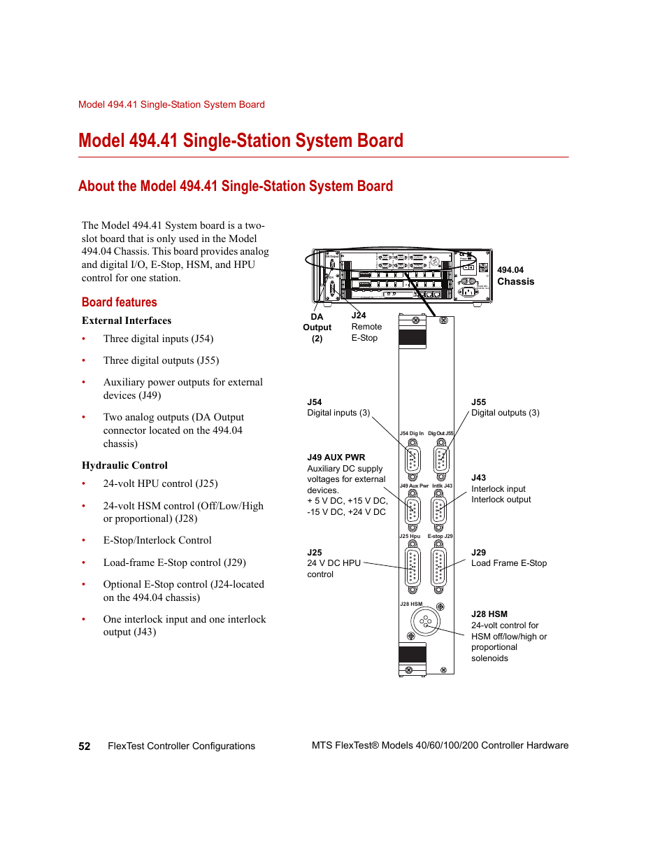 Model 494.41 single-station system board, About the model 494.41 single-station system board, Model 494.41 single-station system board 52 | Board features | MTS FlexTest Models 200 User Manual | Page 52 / 344