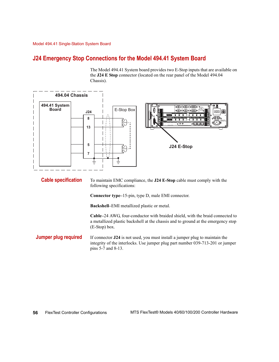 Cable specification, Jumper plug required, 04 chassis | J24 e-stop | MTS FlexTest Models 200 User Manual | Page 56 / 344