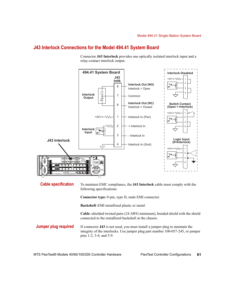 Cable specification, Jumper plug required, 41 system board | J43 interlock | MTS FlexTest Models 200 User Manual | Page 61 / 344