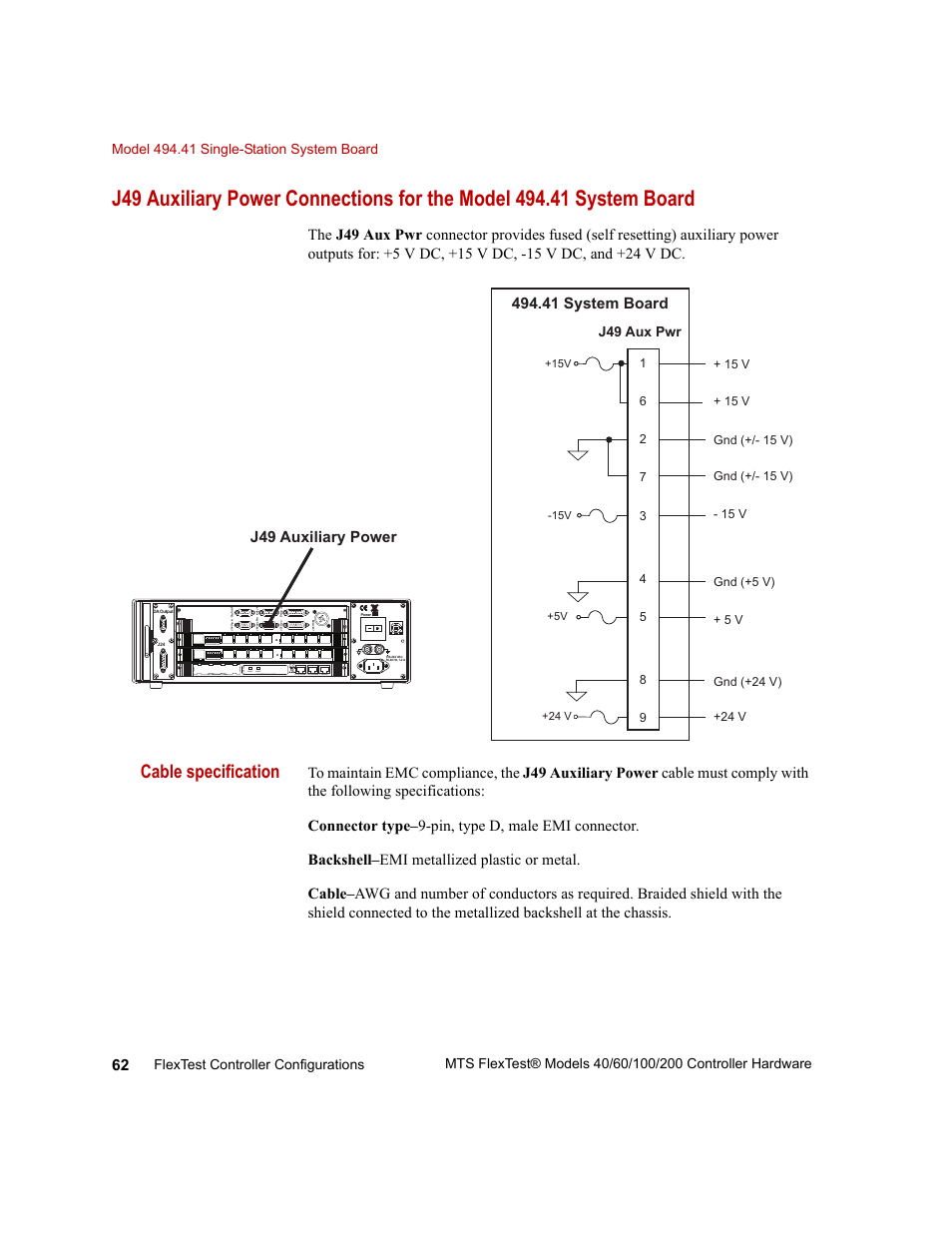 Cable specification, J49 auxiliary power | MTS FlexTest Models 200 User Manual | Page 62 / 344