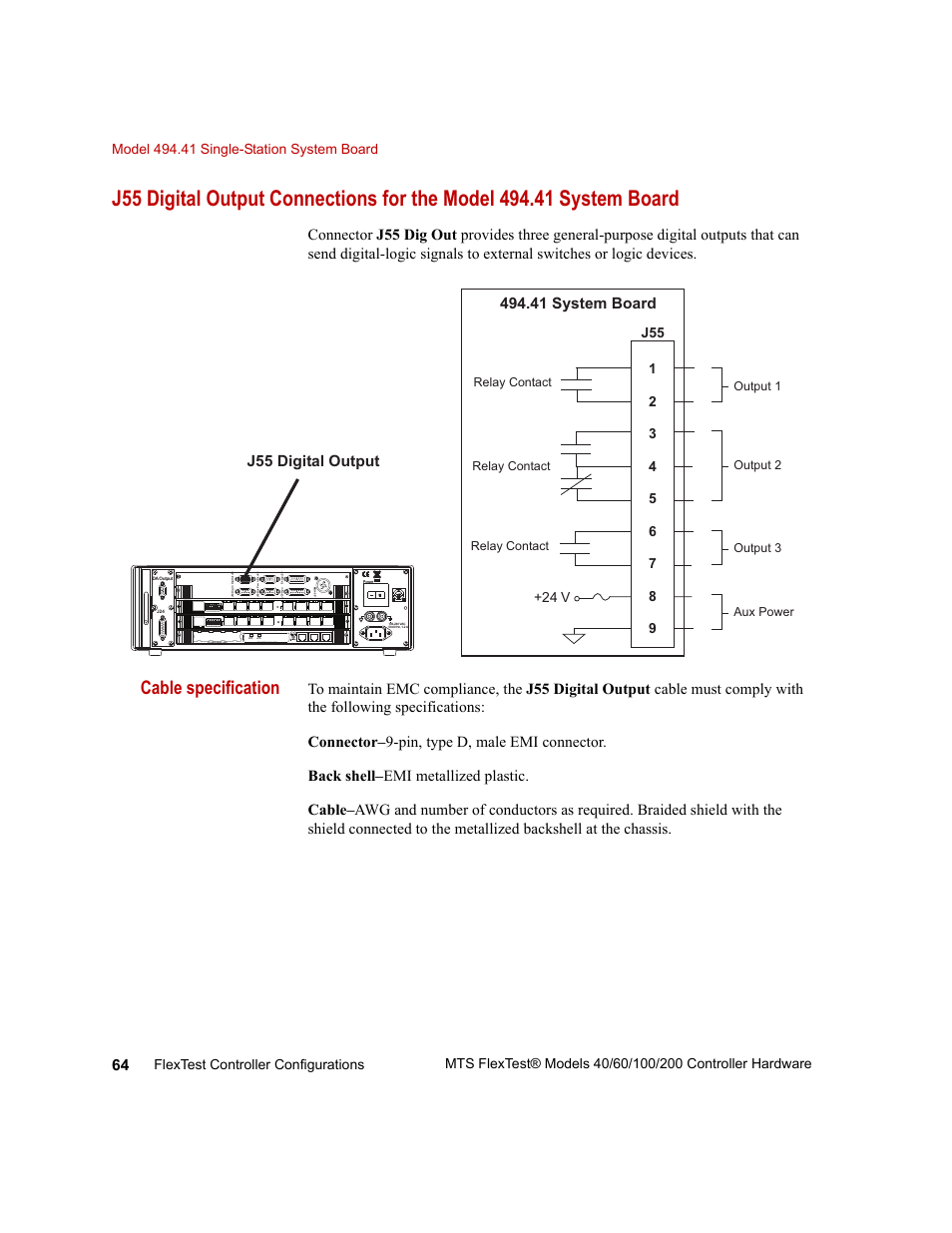 Cable specification, 41 system board, J55 digital output | MTS FlexTest Models 200 User Manual | Page 64 / 344