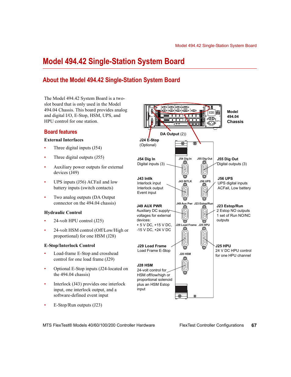 Model 494.42 single-station system board, About the model 494.42 single-station system board, Model 494.42 single-station system board 67 | Board features | MTS FlexTest Models 200 User Manual | Page 67 / 344