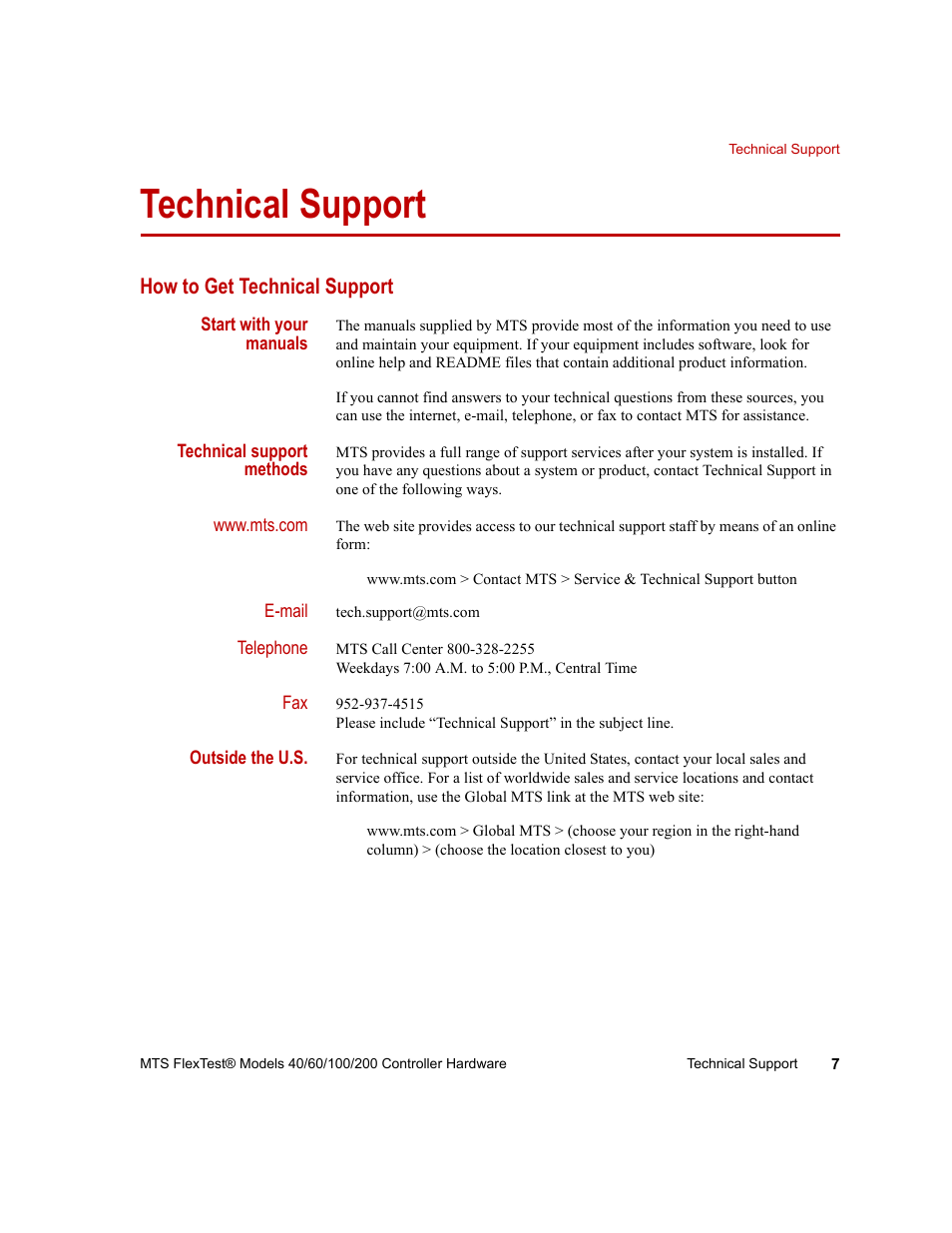 Technical support, How to get technical support, Technical support 7 | MTS FlexTest Models 200 User Manual | Page 7 / 344