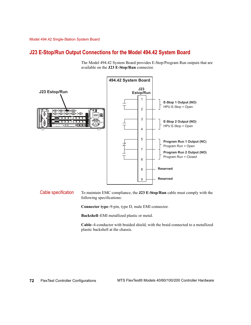 Cable specification, 42 system board j23 estop/run | MTS FlexTest Models 200 User Manual | Page 72 / 344