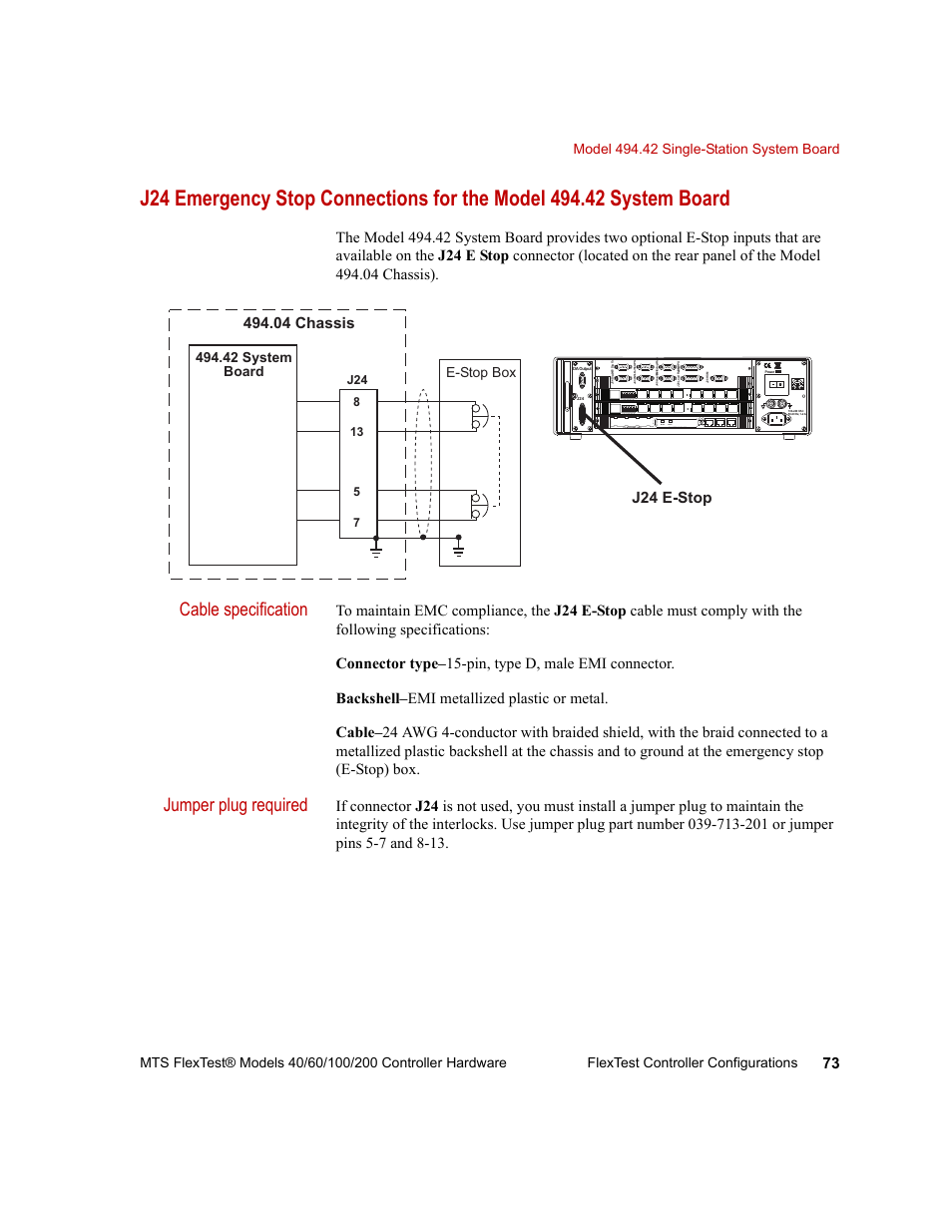 Cable specification, Jumper plug required, J24 e-stop | MTS FlexTest Models 200 User Manual | Page 73 / 344