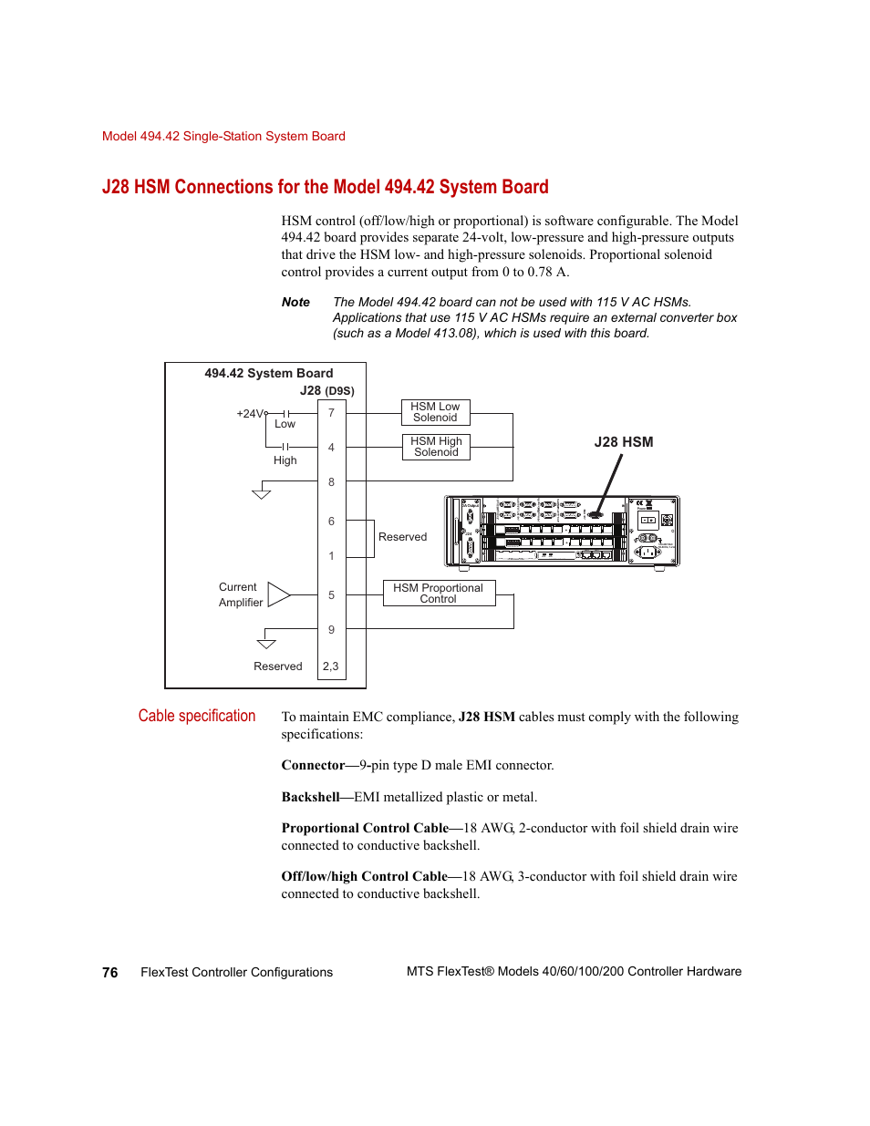 Cable specification, J28 hsm | MTS FlexTest Models 200 User Manual | Page 76 / 344