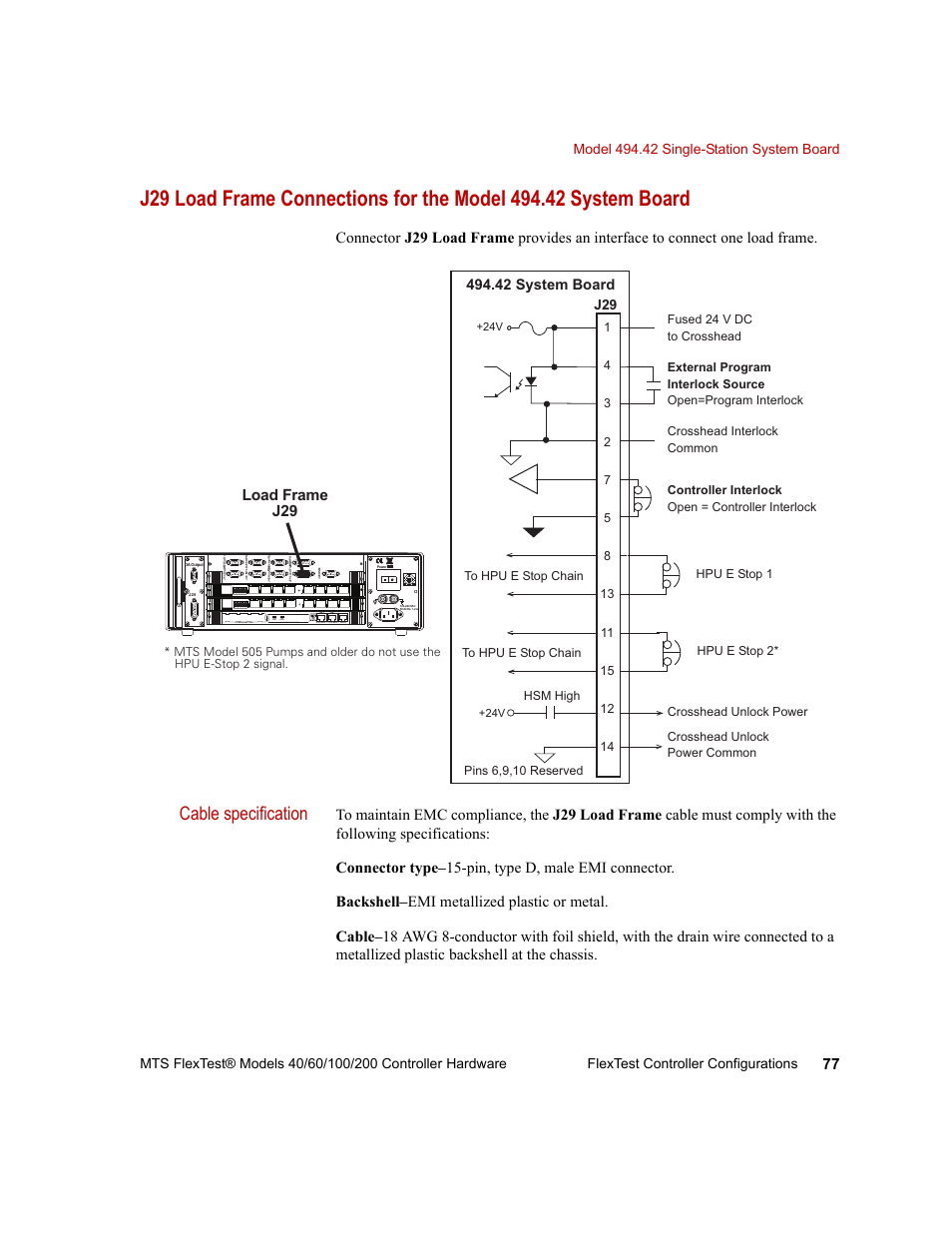 Cable specification, Load frame j29 | MTS FlexTest Models 200 User Manual | Page 77 / 344