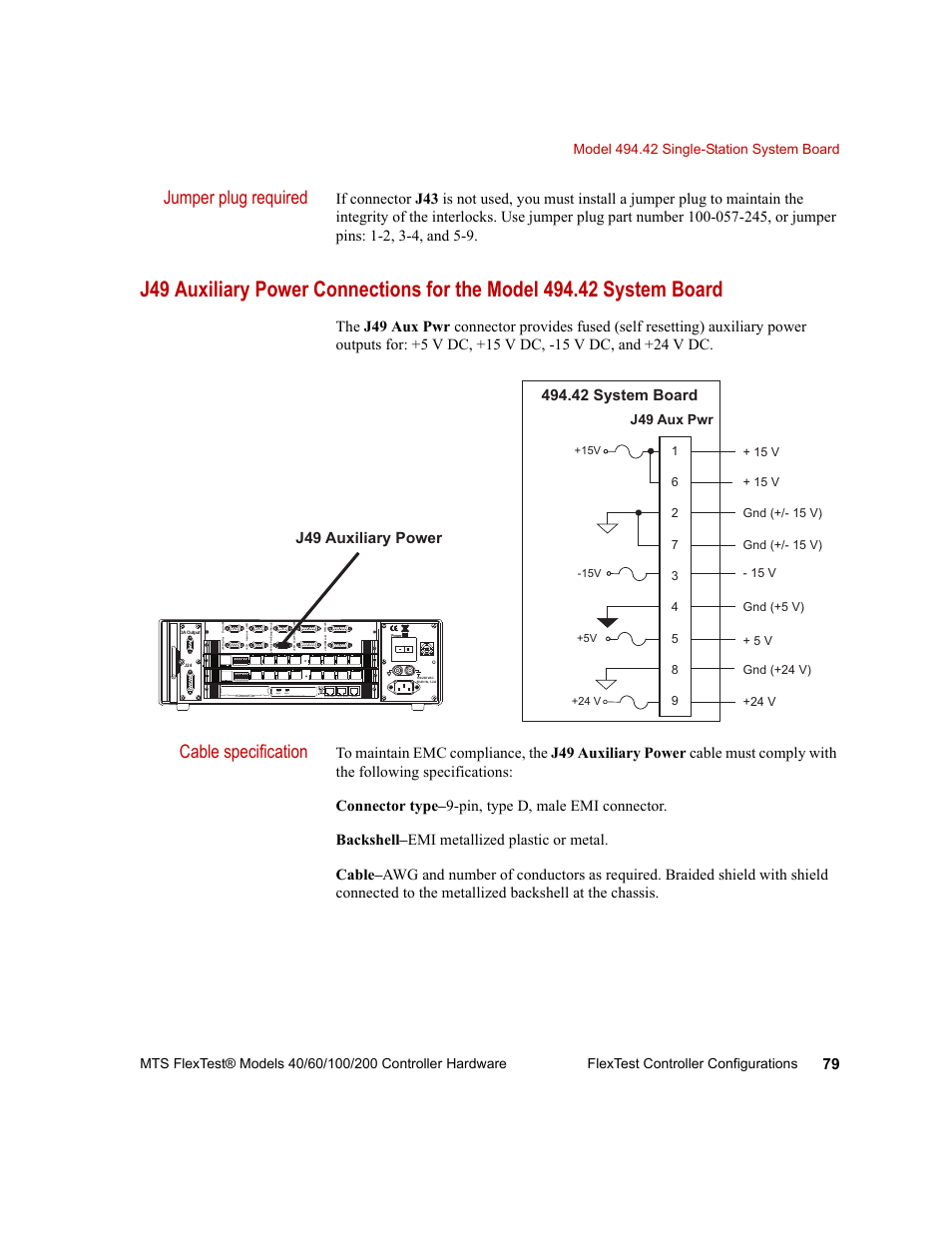 Jumper plug required, Cable specification, J49 auxiliary power | MTS FlexTest Models 200 User Manual | Page 79 / 344