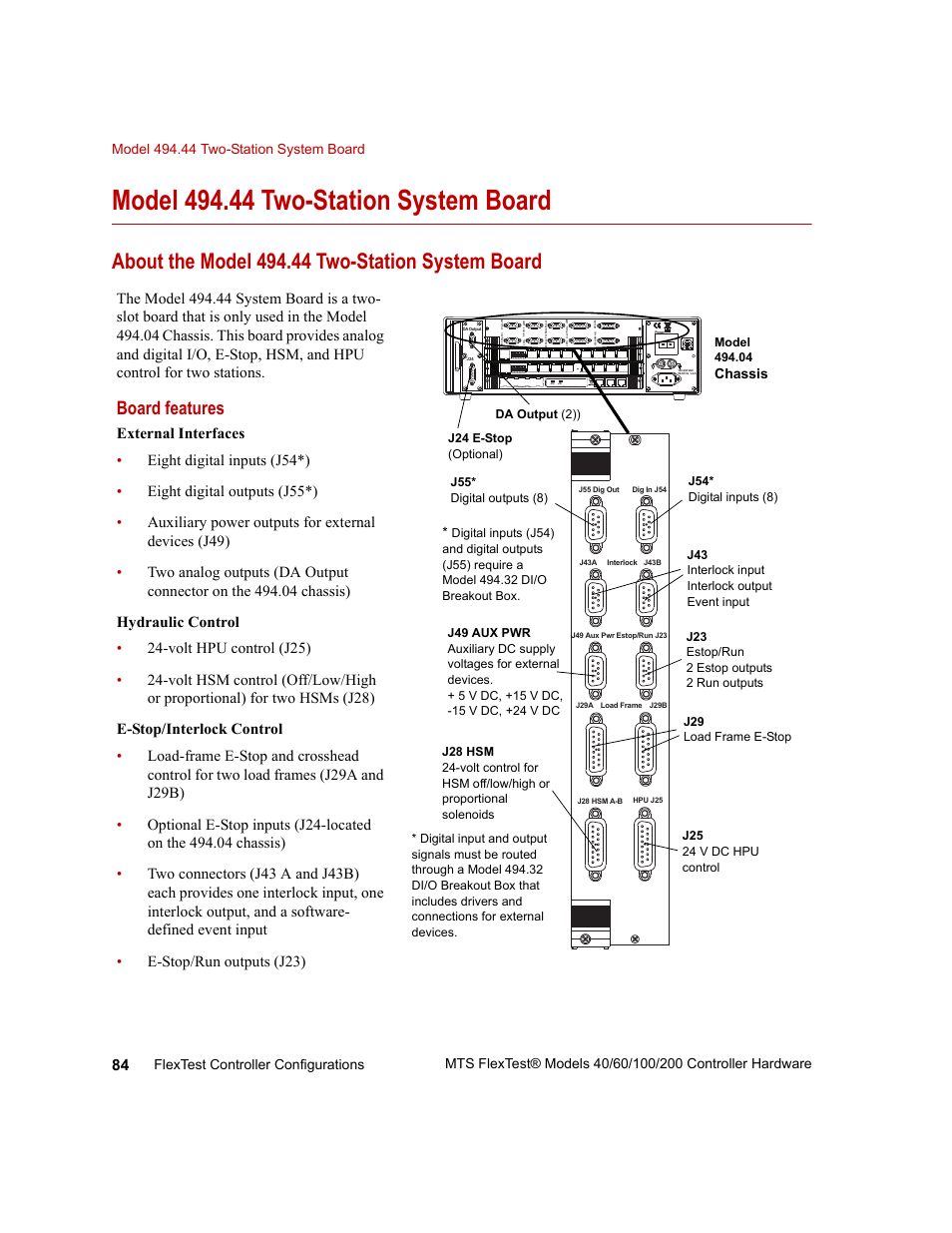 Model 494.44 two-station system board, About the model 494.44 two-station system board, Model 494.44 two-station system board 84 | About the model 494.44 two-station system board 84, Board features | MTS FlexTest Models 200 User Manual | Page 84 / 344