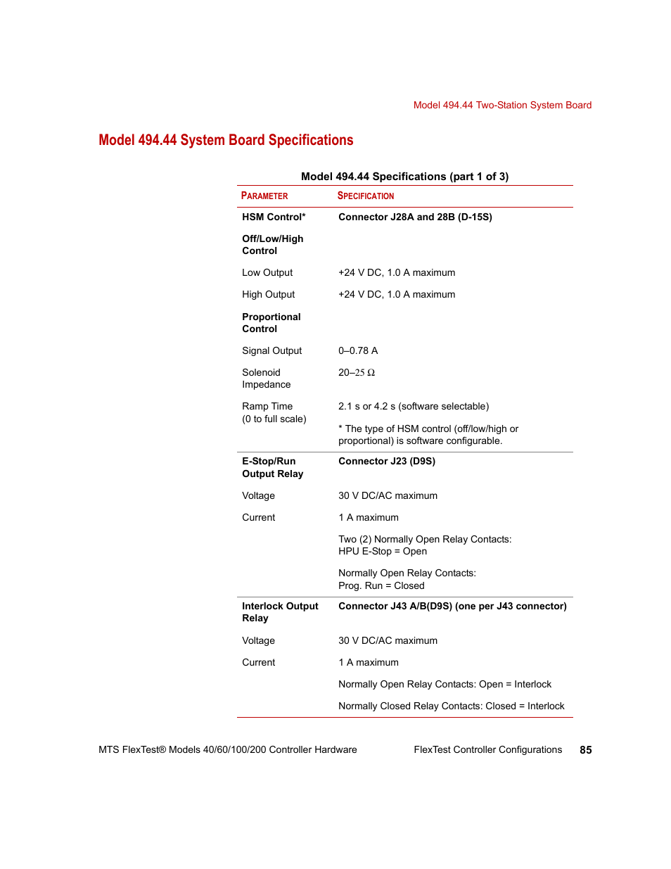 Model 494.44 system board specifications | MTS FlexTest Models 200 User Manual | Page 85 / 344