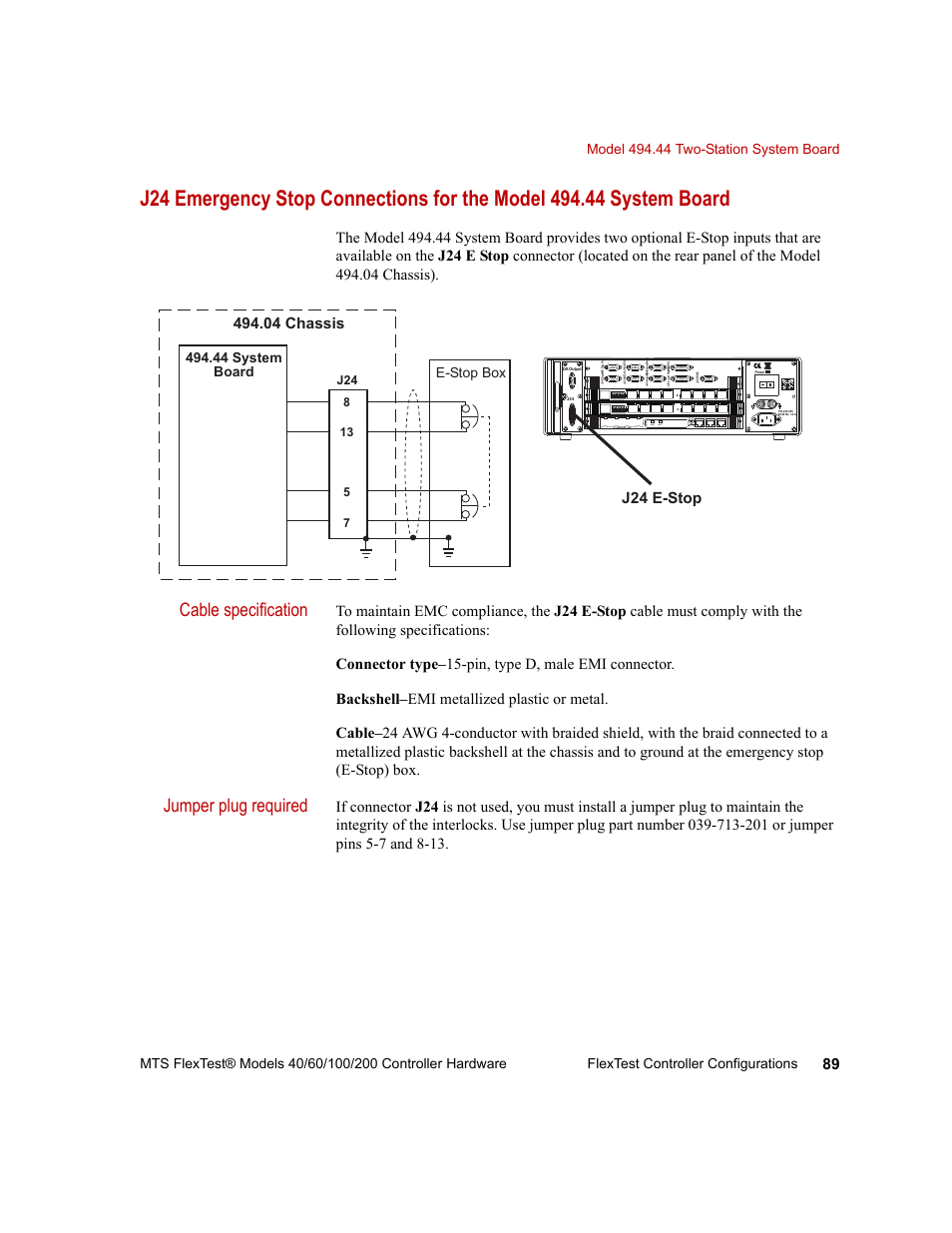 Cable specification, Jumper plug required, J24 e-stop | MTS FlexTest Models 200 User Manual | Page 89 / 344