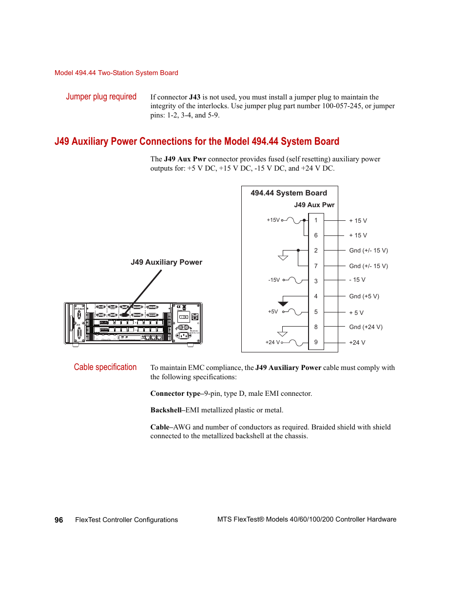 Jumper plug required, Cable specification, J49 auxiliary power | J49 aux pwr | MTS FlexTest Models 200 User Manual | Page 96 / 344