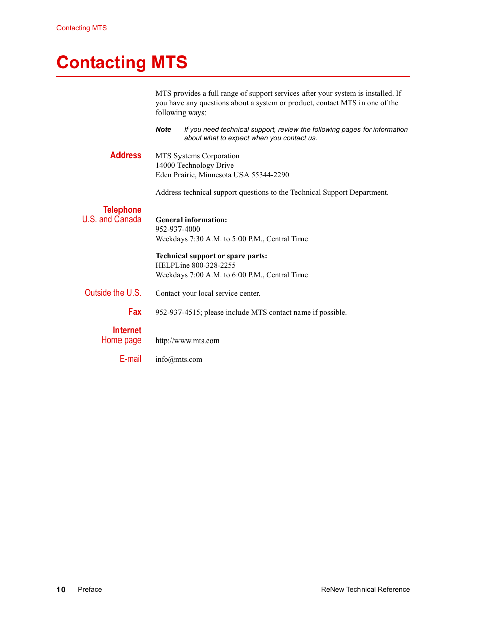 Contacting mts, Address, Telephone | Internet, Contacting mts 10 | MTS ReNew Technical Reference User Manual | Page 10 / 50