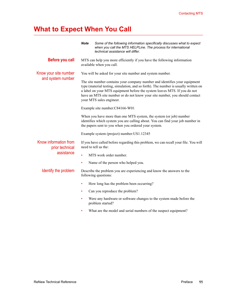 What to expect when you call, Before you call, What to expect when you call 11 | MTS ReNew Technical Reference User Manual | Page 11 / 50